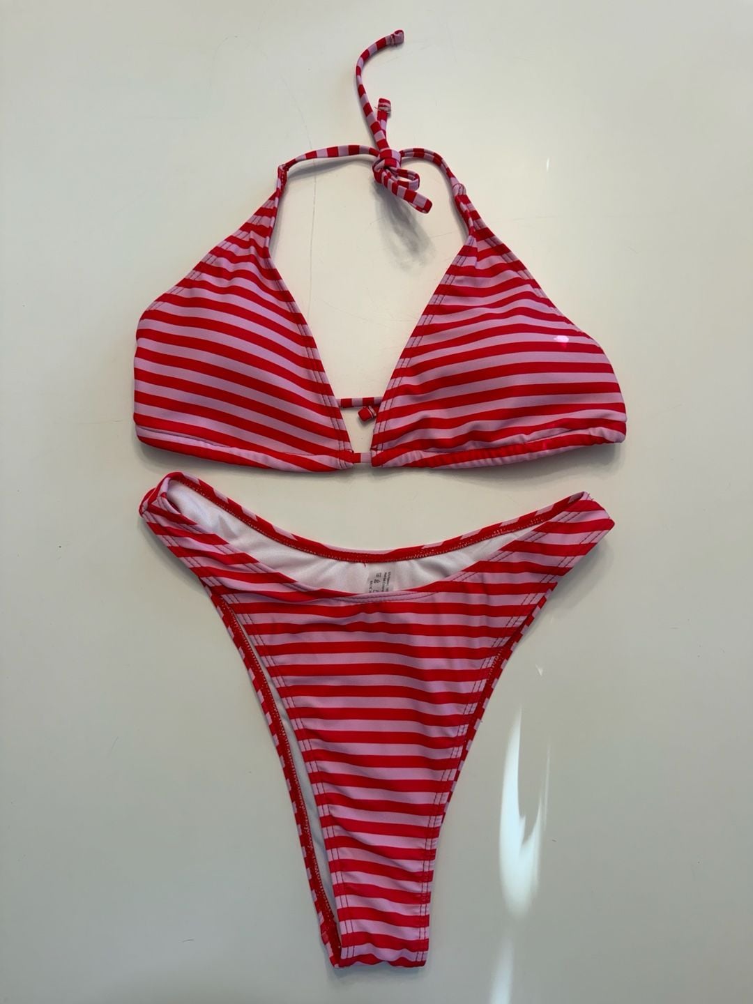 Red and Pink Striped Halter Triangle Bikini Set Size S 1