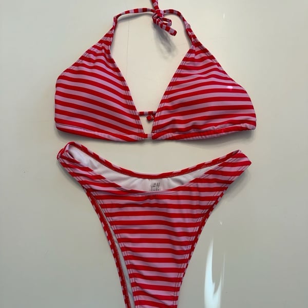 Red and Pink Striped Halter Triangle Bikini Set Size S
