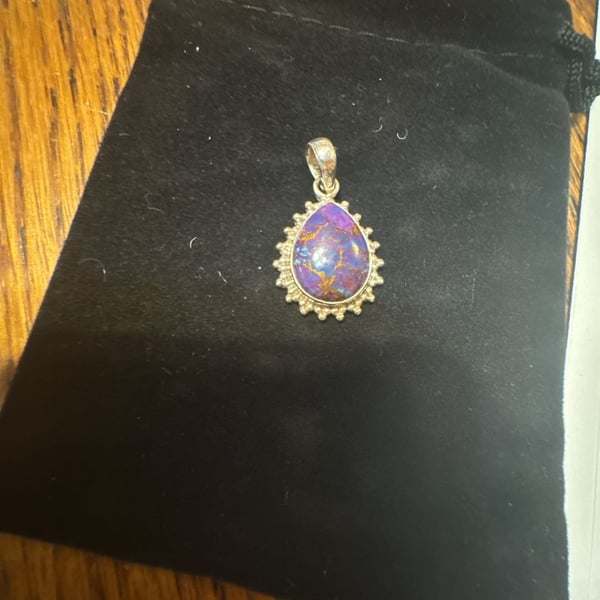 Purple Copper Turquoise Pear Teardrop Sterling Silver Pendant