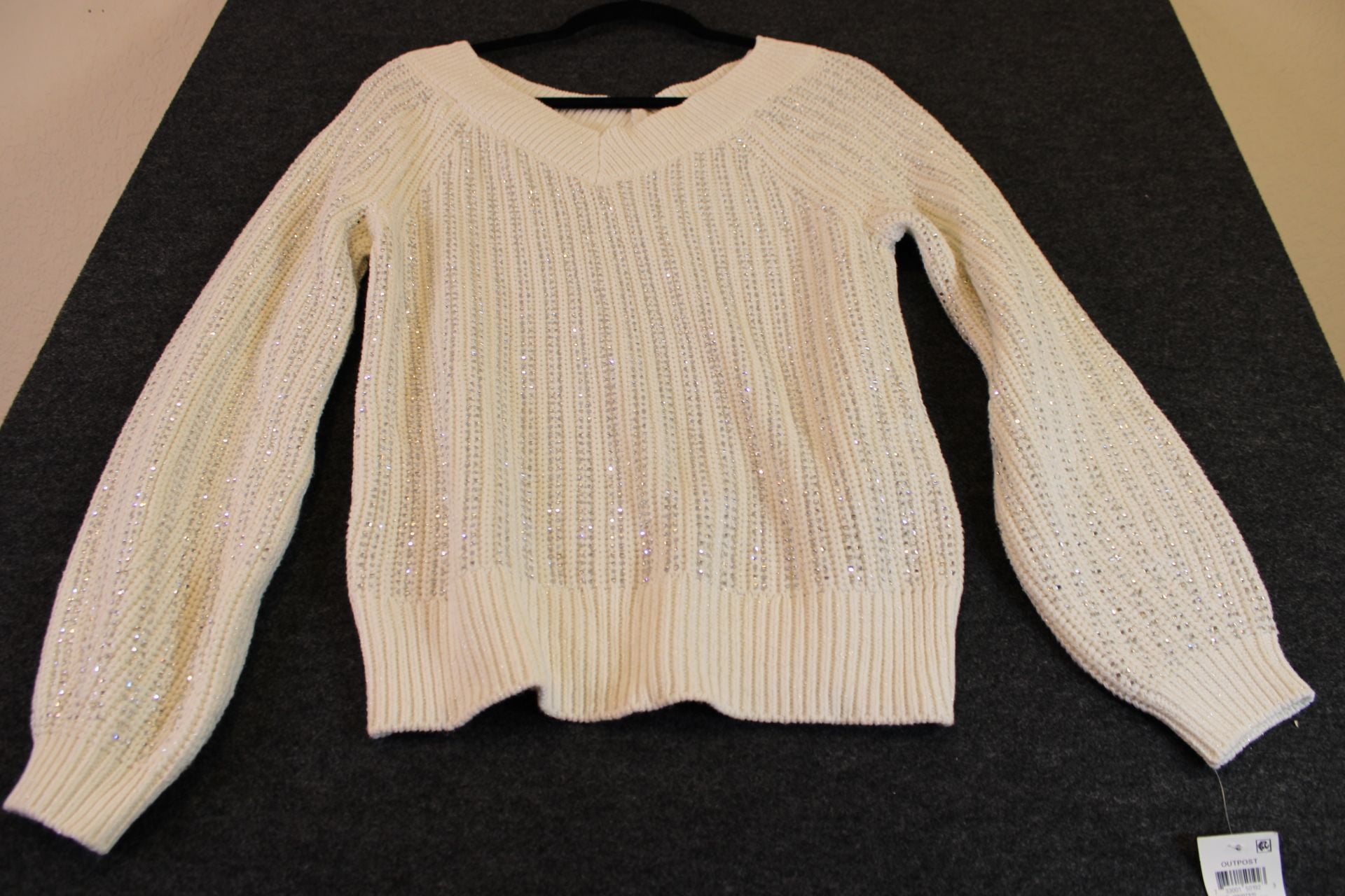 White Ribbed Knit Long Sleeve Pullover Sweater with Metallic Detail 4