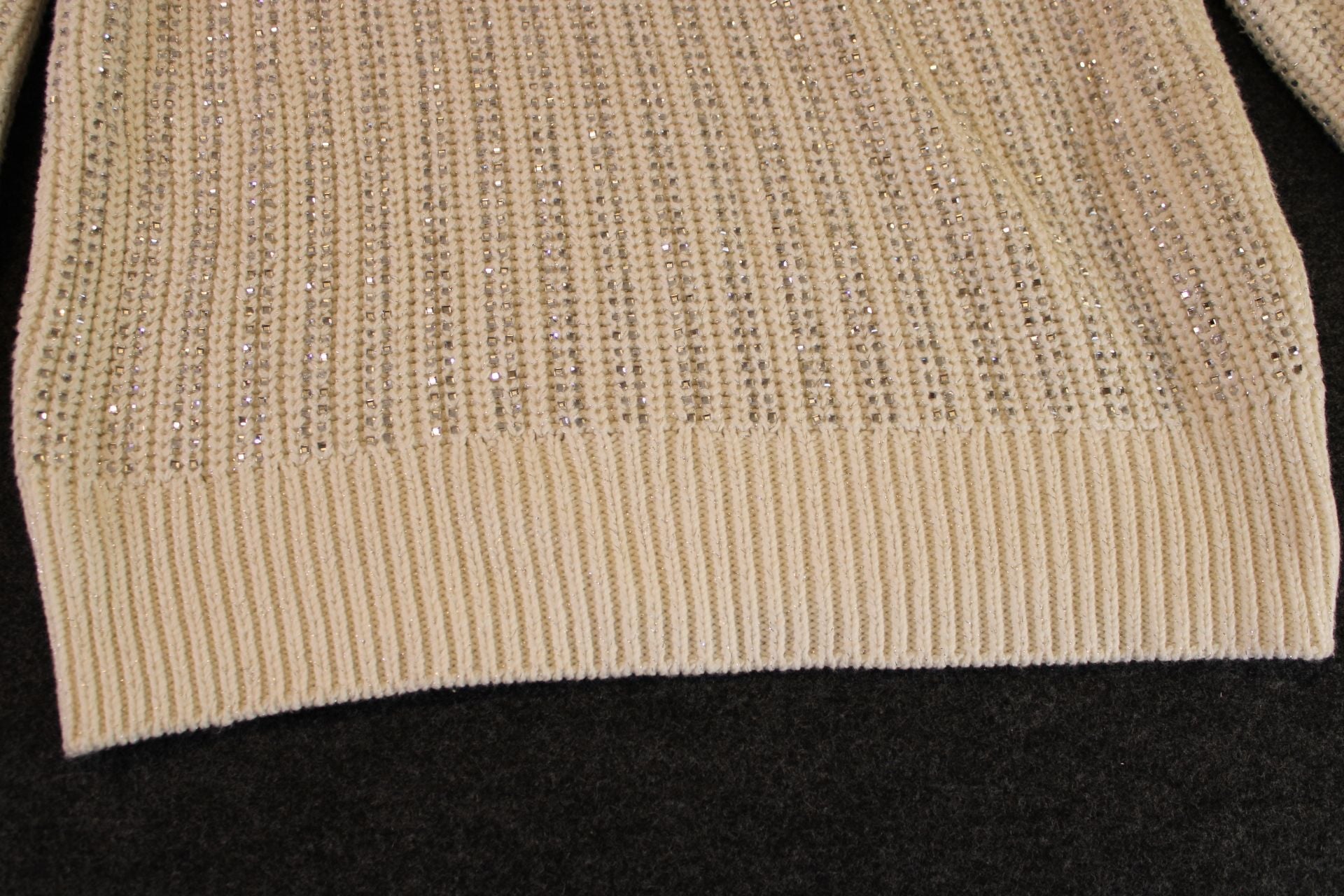 White Ribbed Knit Long Sleeve Pullover Sweater with Metallic Detail 6