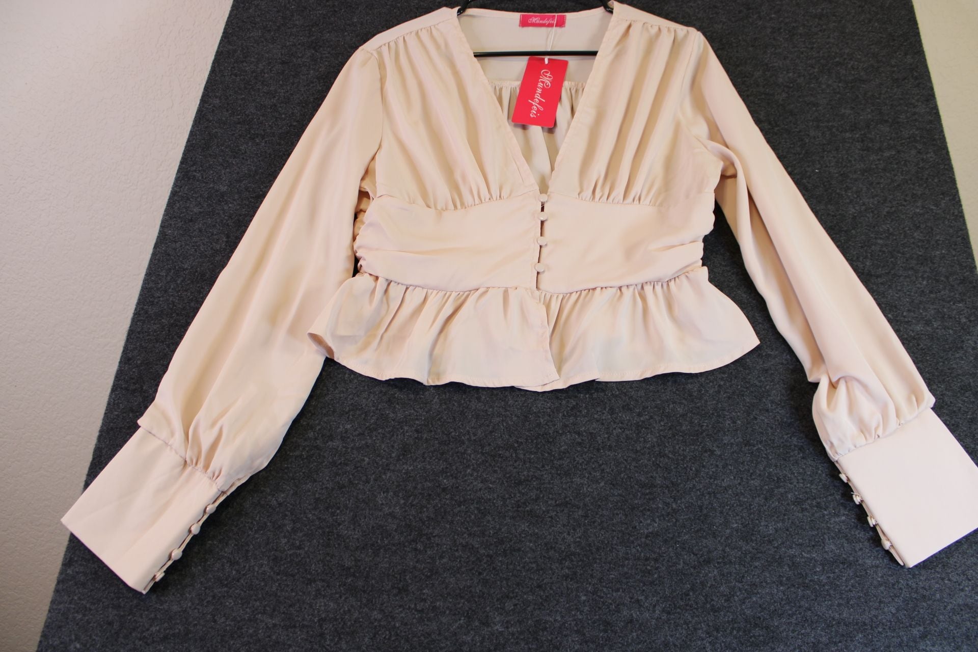 Mundefels Women's V-Neck Long Sleeve Button-Front Ruffle Peplum Top Beige 2