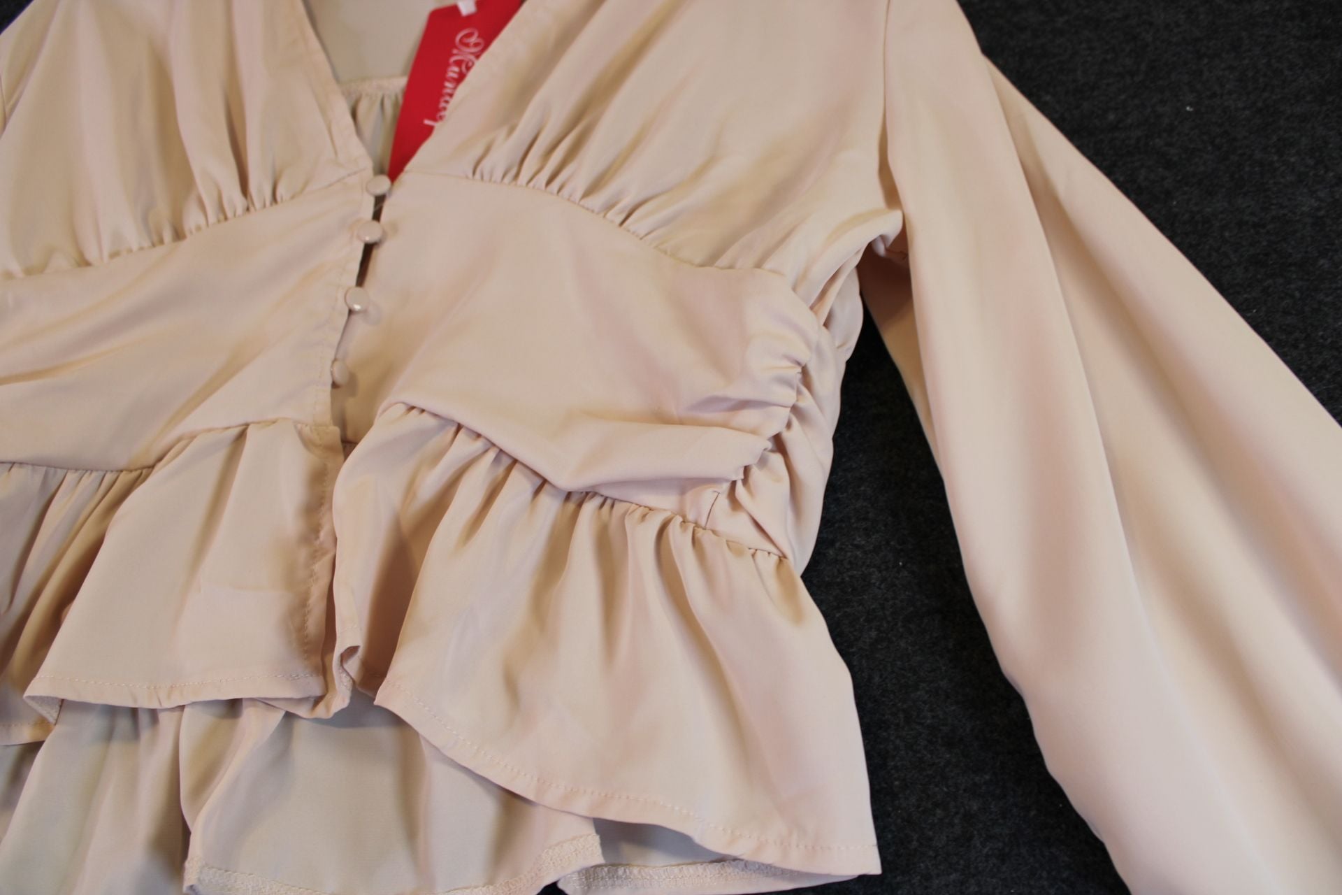 Mundefels Women's V-Neck Long Sleeve Button-Front Ruffle Peplum Top Beige 4