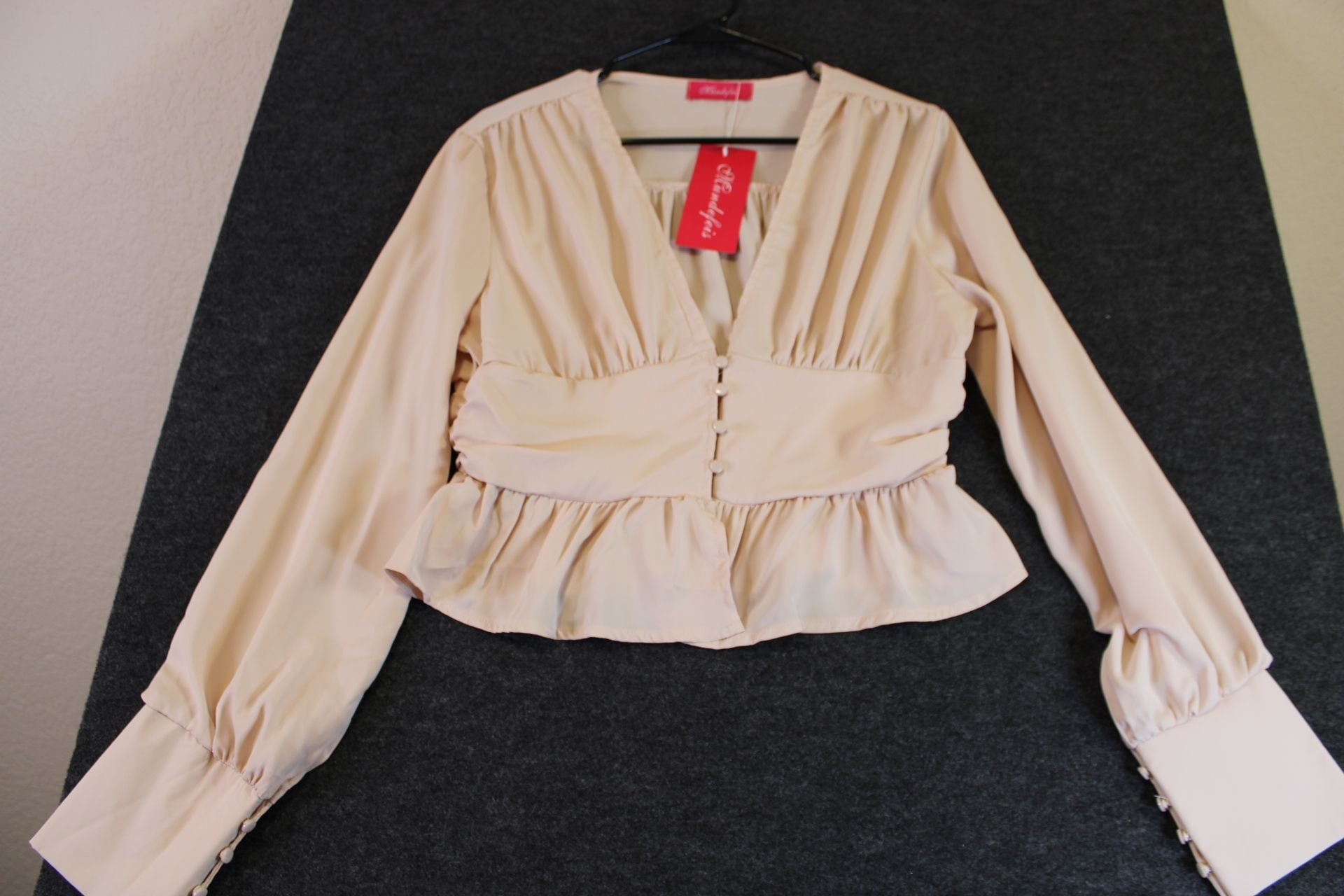 Mundefels Women's V-Neck Long Sleeve Button-Front Ruffle Peplum Top Beige 6