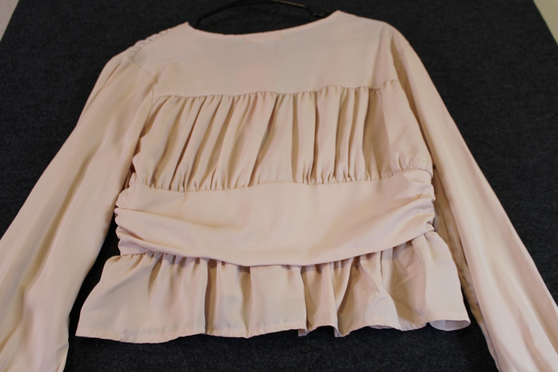 Mundefels Women's V-Neck Long Sleeve Button-Front Ruffle Peplum Top Beige 8