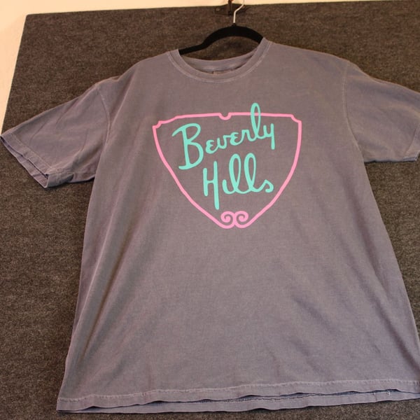 Beverly Hills Graphic T-Shirt Vintage Washed Grey Pink and Teal