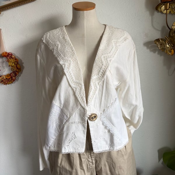 Vintage Melrose Cardigan with Crochet Lace and Embroidery XL