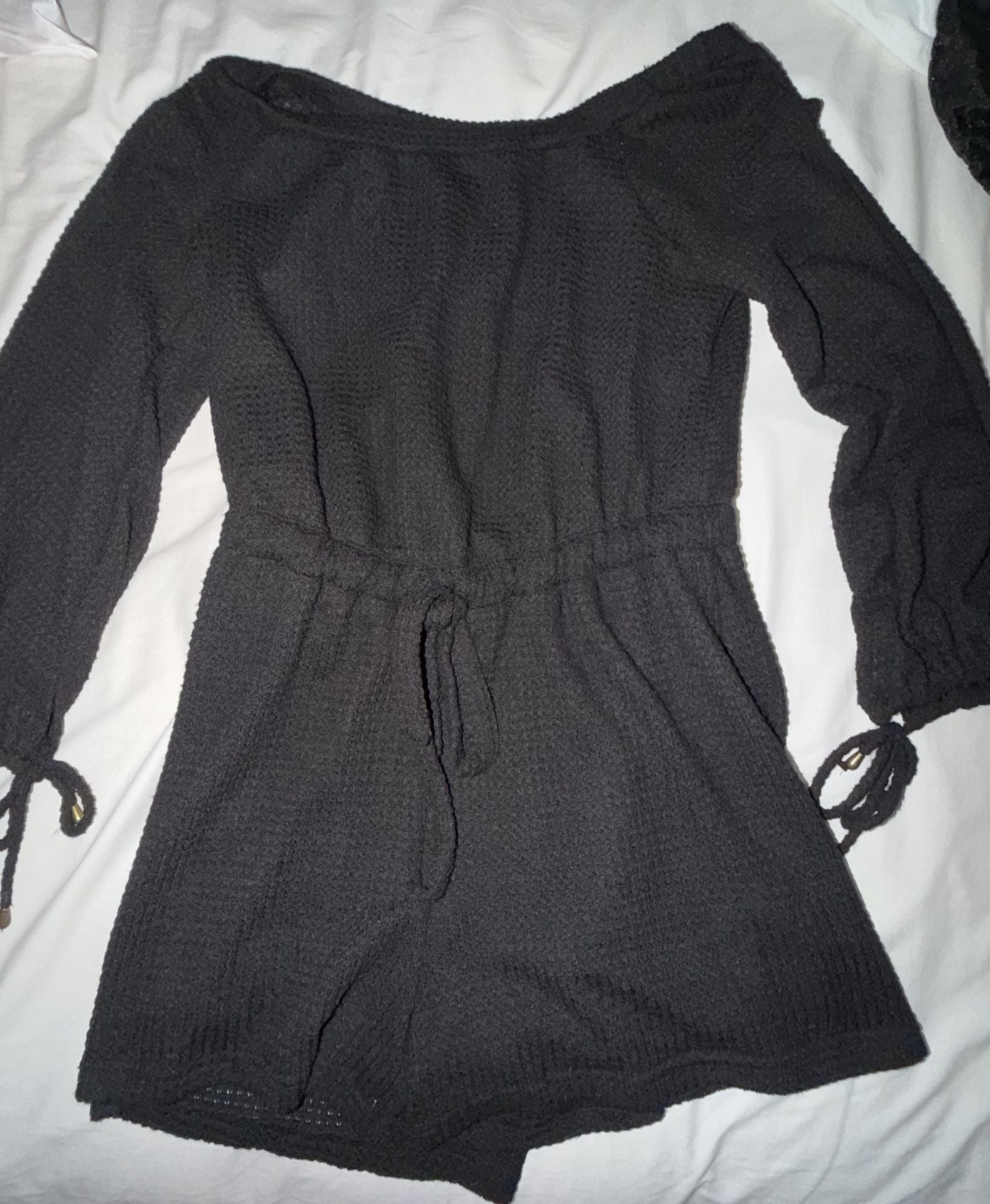 Bluivy Young Contemporary Black Waffle Knit Off Shoulder Romper 2