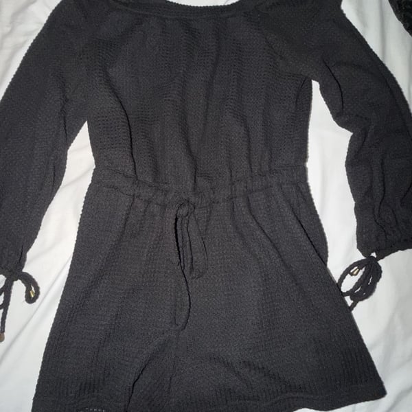 Bluivy Young Contemporary Black Waffle Knit Off Shoulder Romper