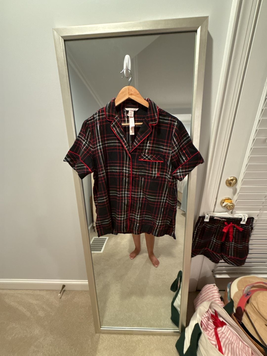 Victoria's Secret Flannel Short Pajama Set Black/Vs White/Red Yd Plaid XS 1