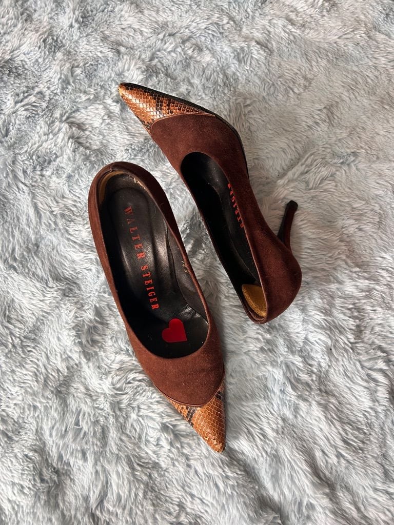 Walter Steiger Brown Suede and Snakeskin Pointed Toe Pumps 2