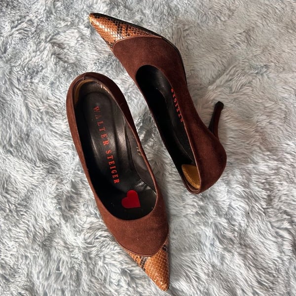 Walter Steiger Brown Suede and Snakeskin Pointed Toe Pumps