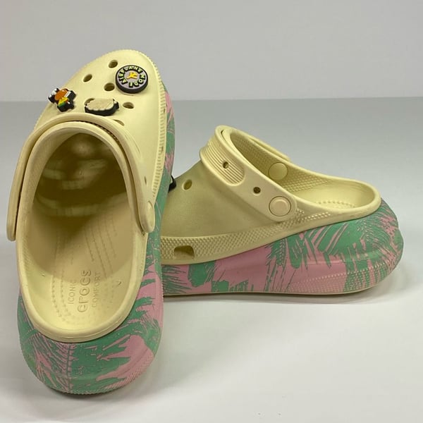 Crocs Classic Crush Clog Platform Sandals Pink and Green Palm Leaf Graphic