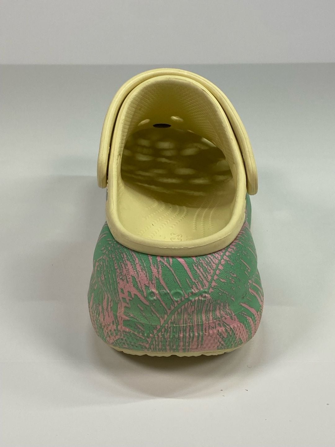 Crocs Classic Crush Clog Platform Sandals Pink and Green Palm Leaf Graphic 7