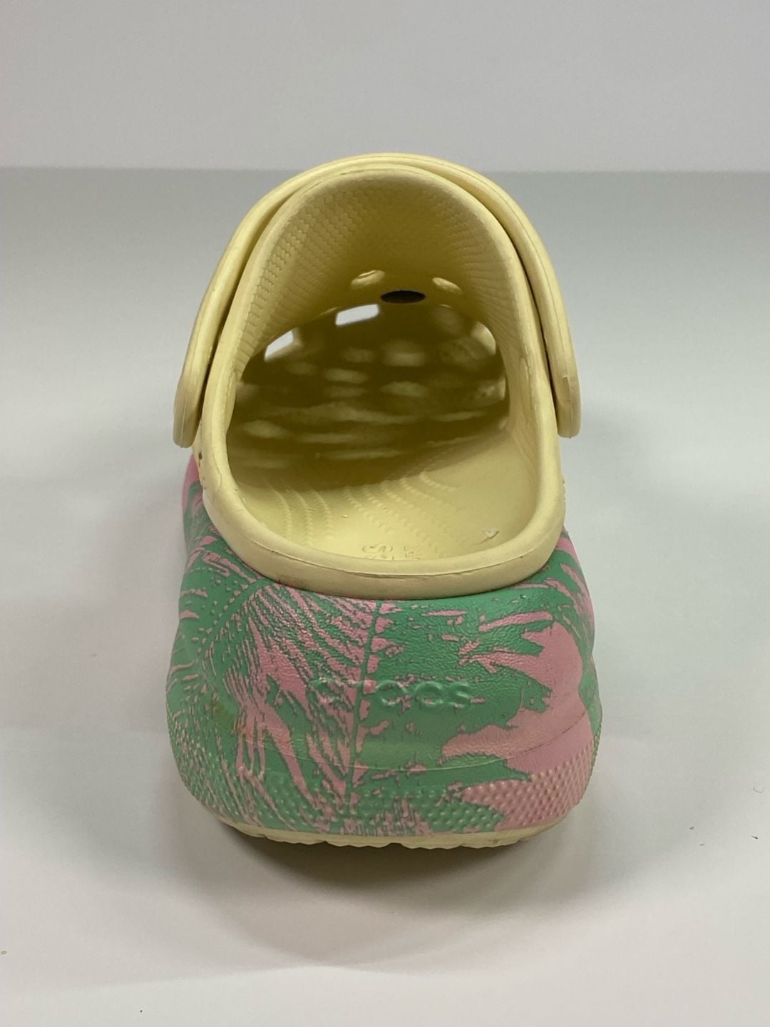Crocs Classic Crush Clog Platform Sandals Pink and Green Palm Leaf Graphic 8