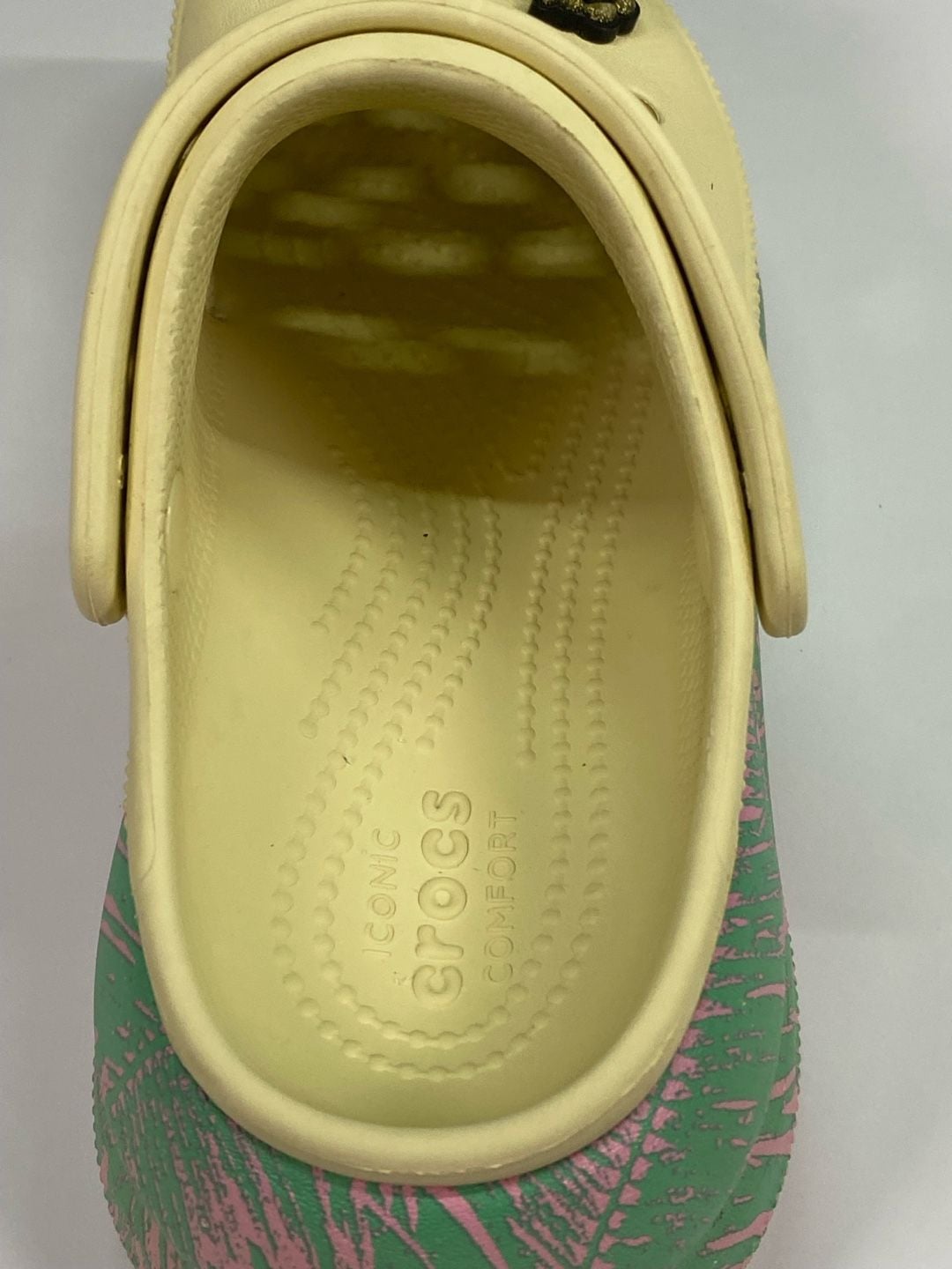 Crocs Classic Crush Clog Platform Sandals Pink and Green Palm Leaf Graphic 10