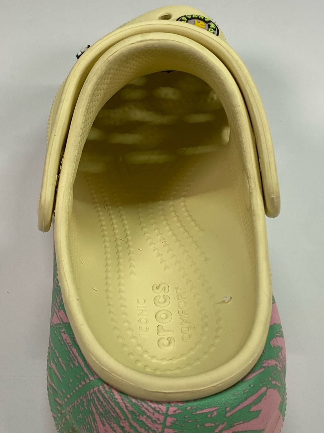 Crocs Classic Crush Clog Platform Sandals Pink and Green Palm Leaf Graphic 11