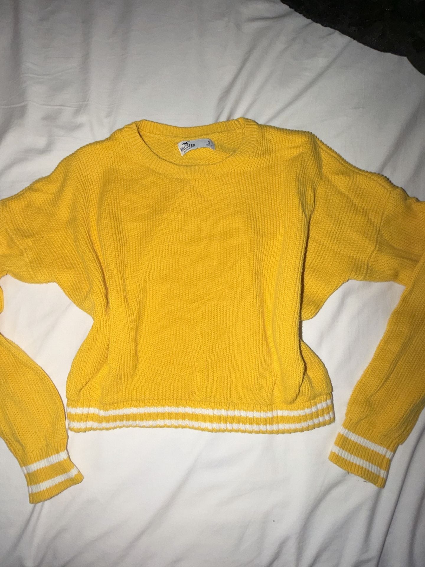 Hollister Yellow Striped Hem Long Sleeve Cropped Crewneck Knit Sweater Size S 2