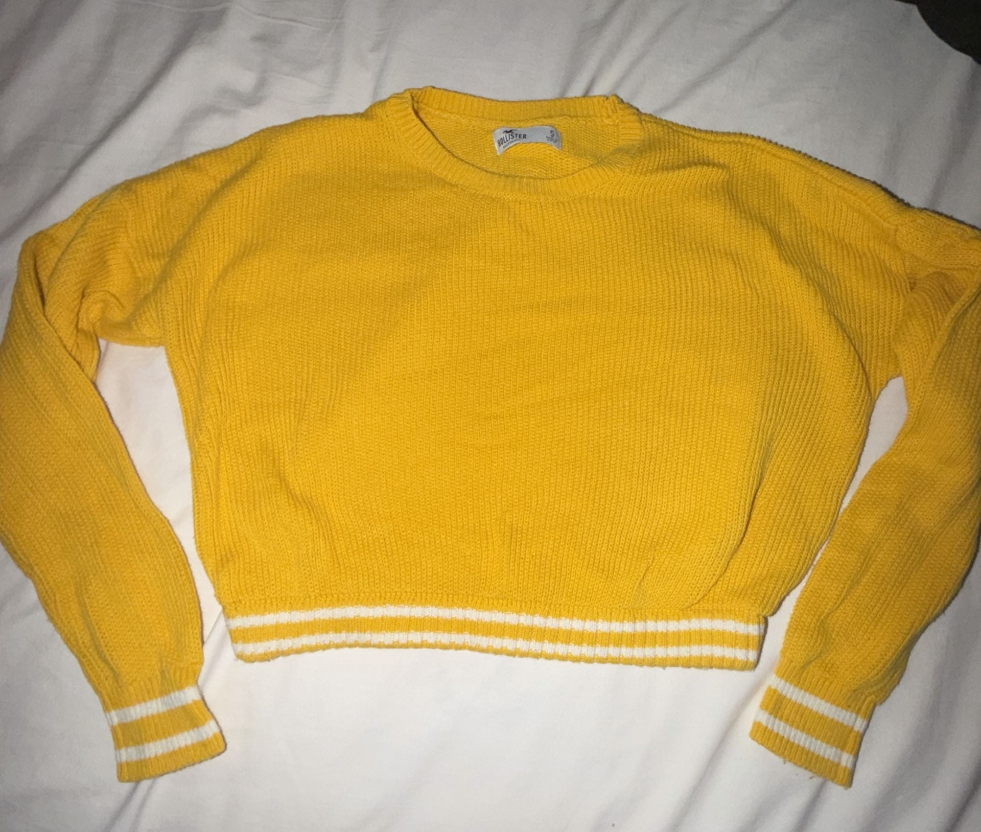 Hollister Yellow Striped Hem Long Sleeve Cropped Crewneck Knit Sweater Size S 4