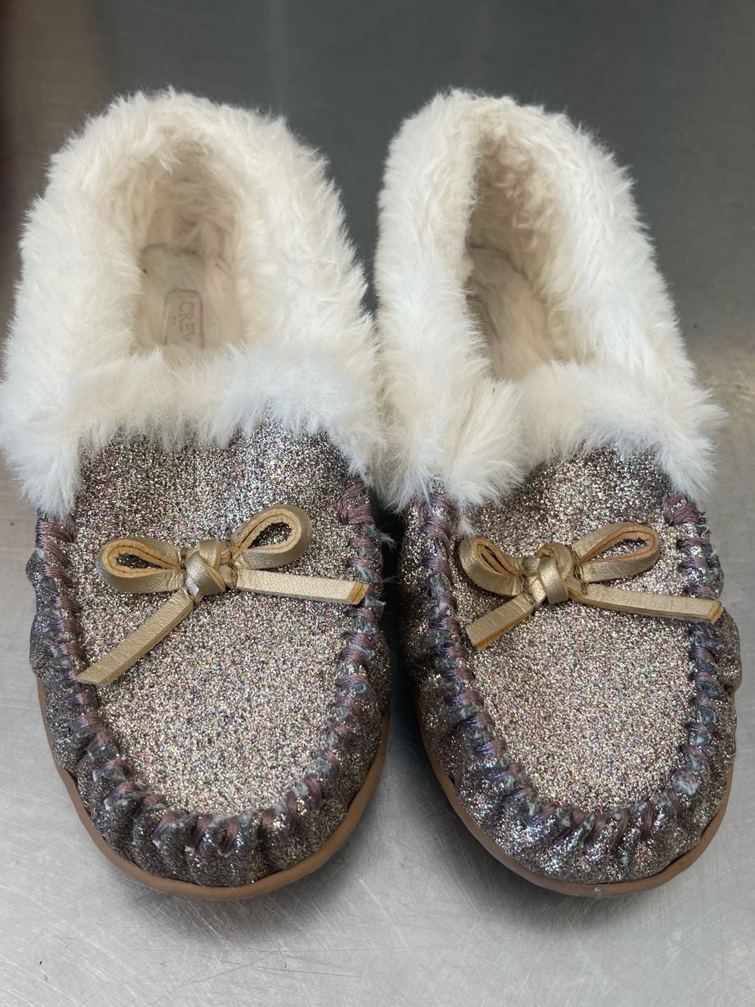 J.Crew Sparkle Moccasin Slippers with Faux Fur Trim 2