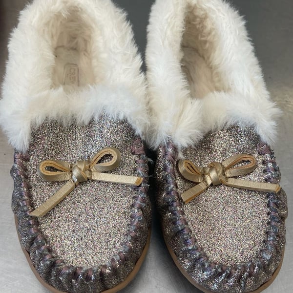 J.Crew Sparkle Moccasin Slippers with Faux Fur Trim