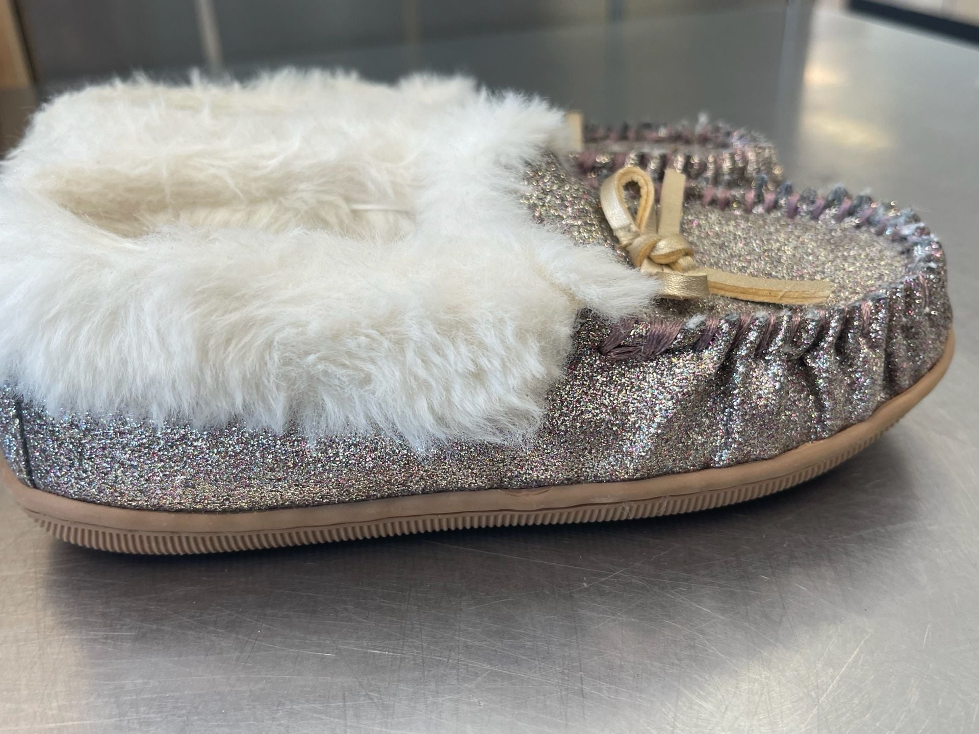 J.Crew Sparkle Moccasin Slippers with Faux Fur Trim 3
