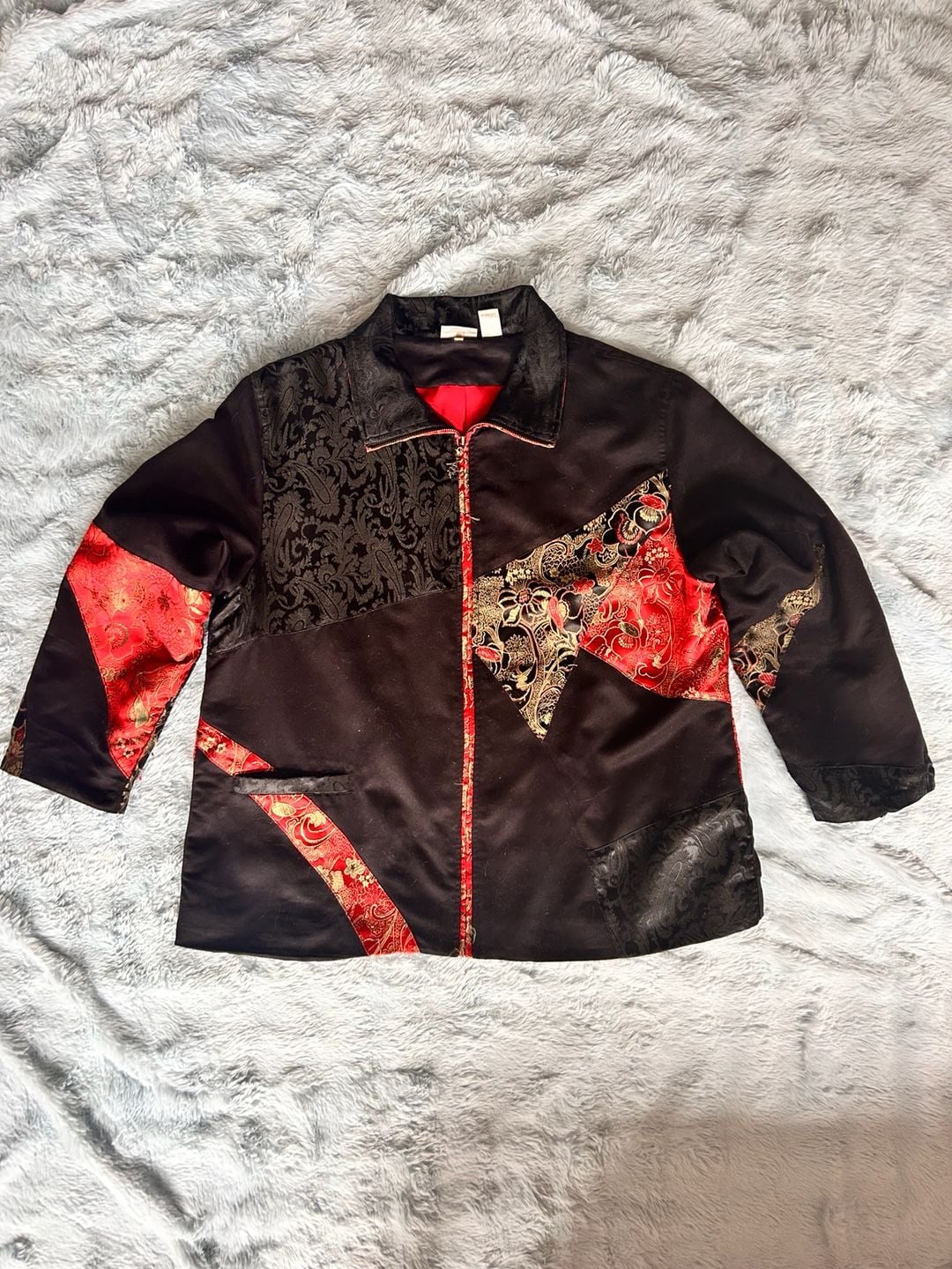 Chico's Black and Red Asian Patchwork Silk Blend Collared Zip-Up Jacket 3
