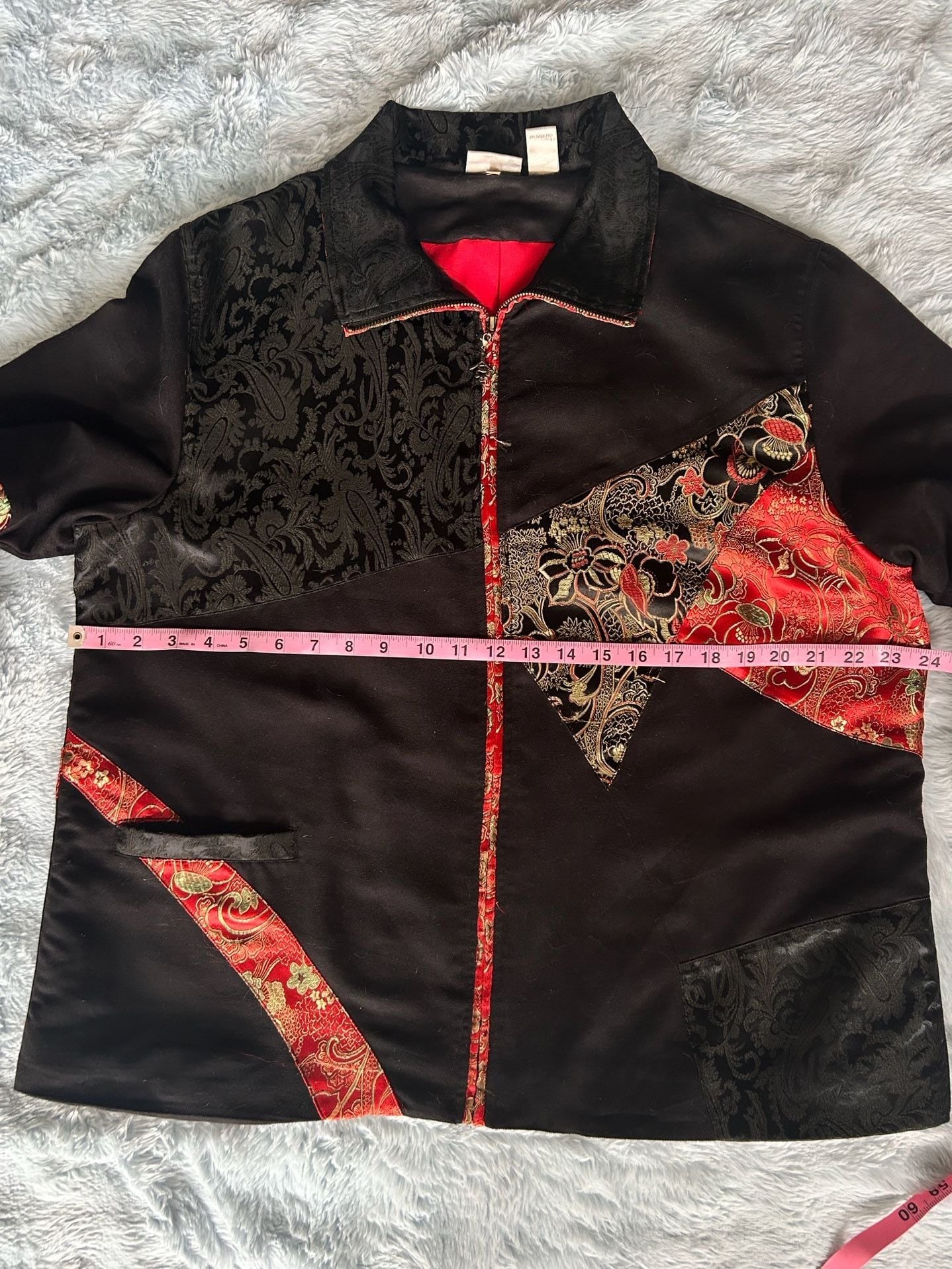 Chico's Black and Red Asian Patchwork Silk Blend Collared Zip-Up Jacket 4