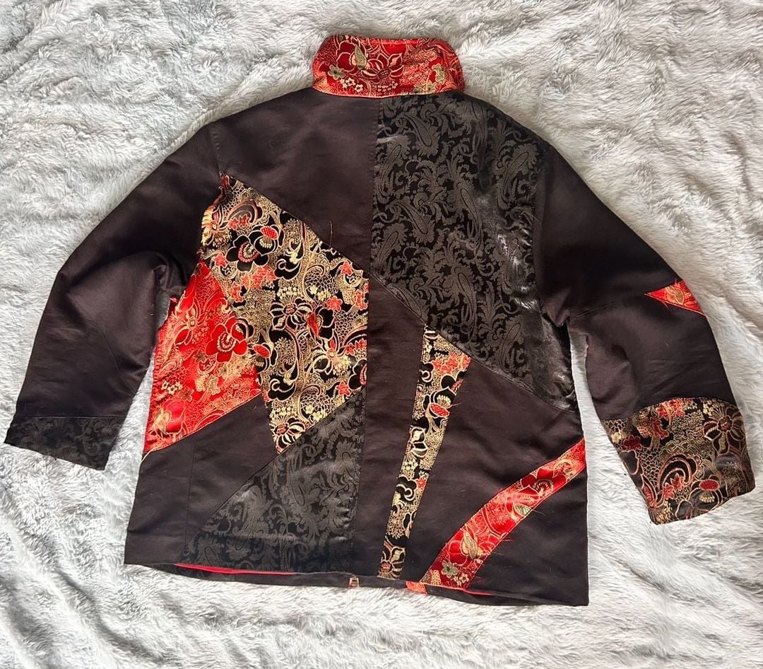Chico's Black and Red Asian Patchwork Silk Blend Collared Zip-Up Jacket 2