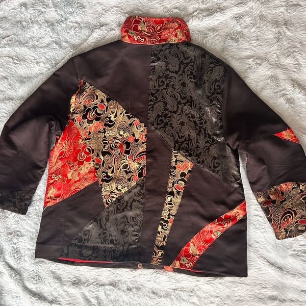 Chico's Black and Red Asian Patchwork Silk Blend Collared Zip-Up Jacket