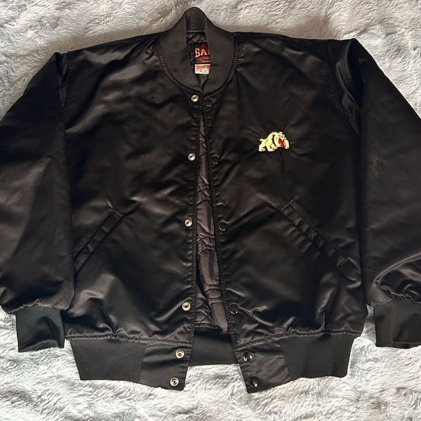 Vintage Game Sportswear Black Satin Bomber Jacket with Bulldog Patch