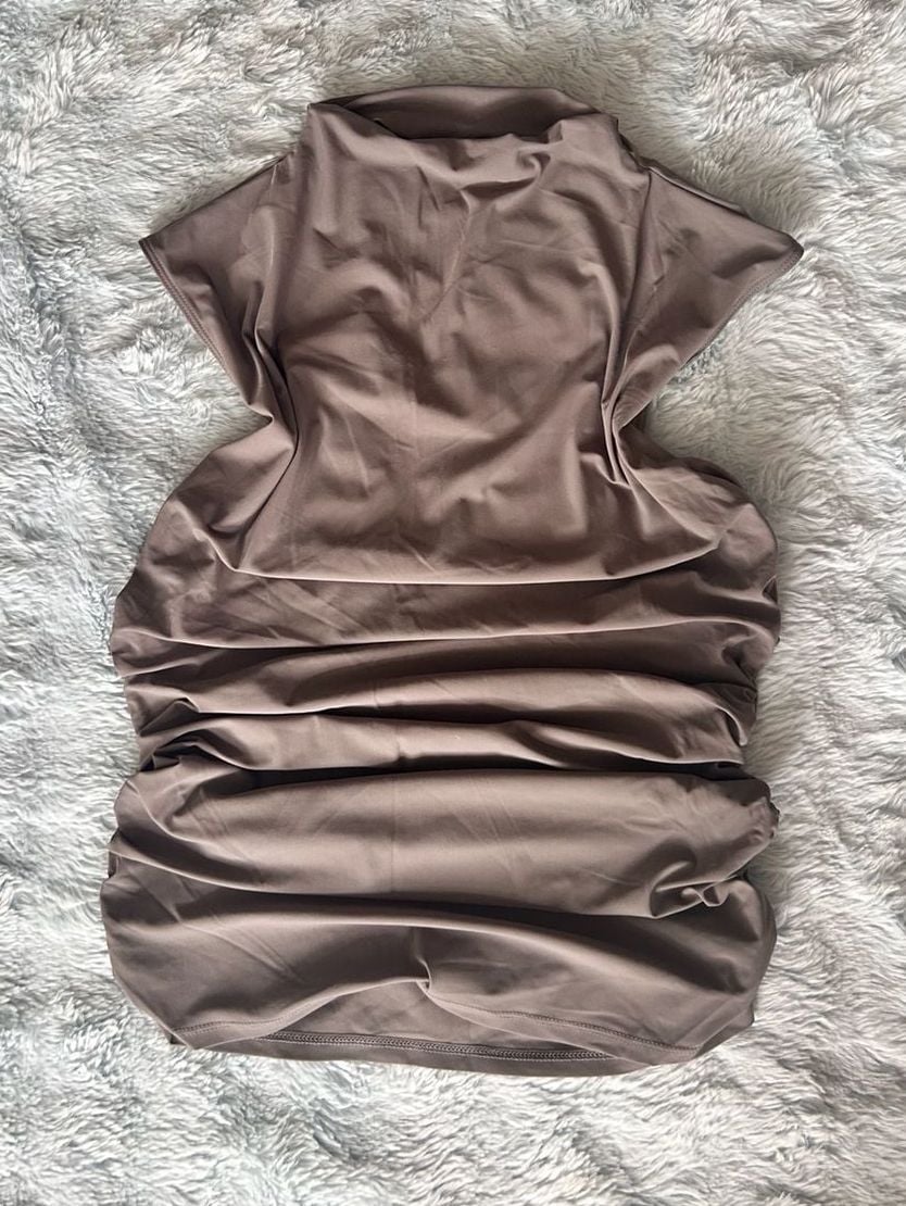 TEN by Aritzia High Neck Ruched Mini Dress Size S Taupe / Grey 1