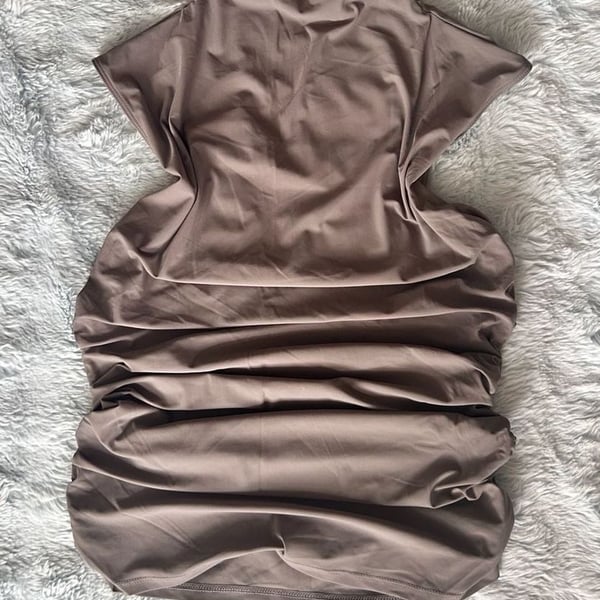 TEN by Aritzia High Neck Ruched Mini Dress Size S Taupe / Grey