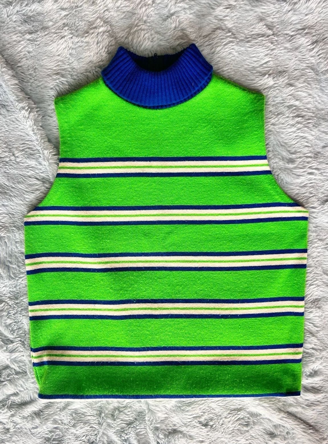 Vintage Striped Knit Sleeveless Mock Neck Vest Green Blue White 2
