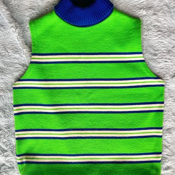 Vintage Striped Knit Sleeveless Mock Neck Vest Green Blue White