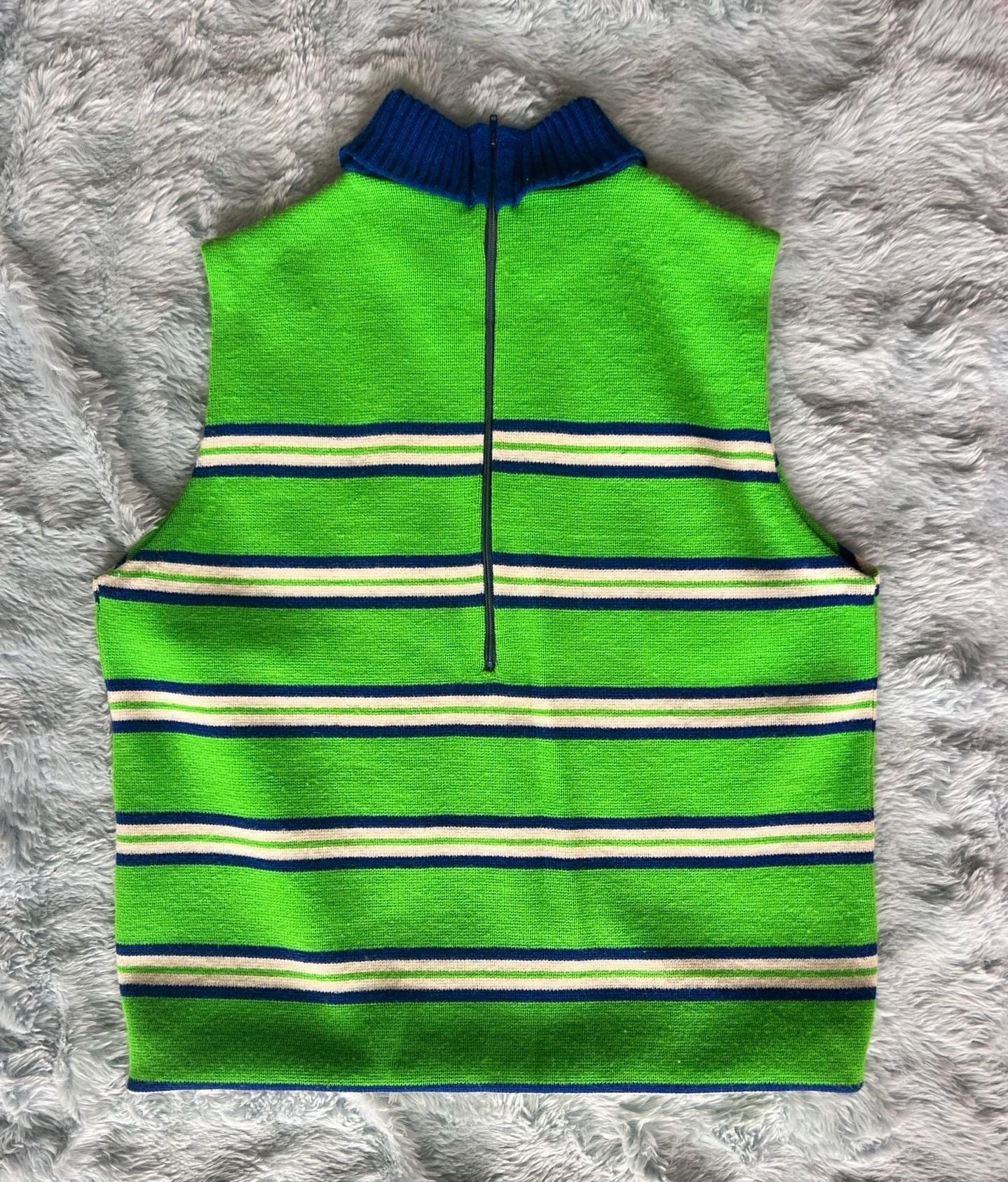 Vintage Striped Knit Sleeveless Mock Neck Vest Green Blue White 3