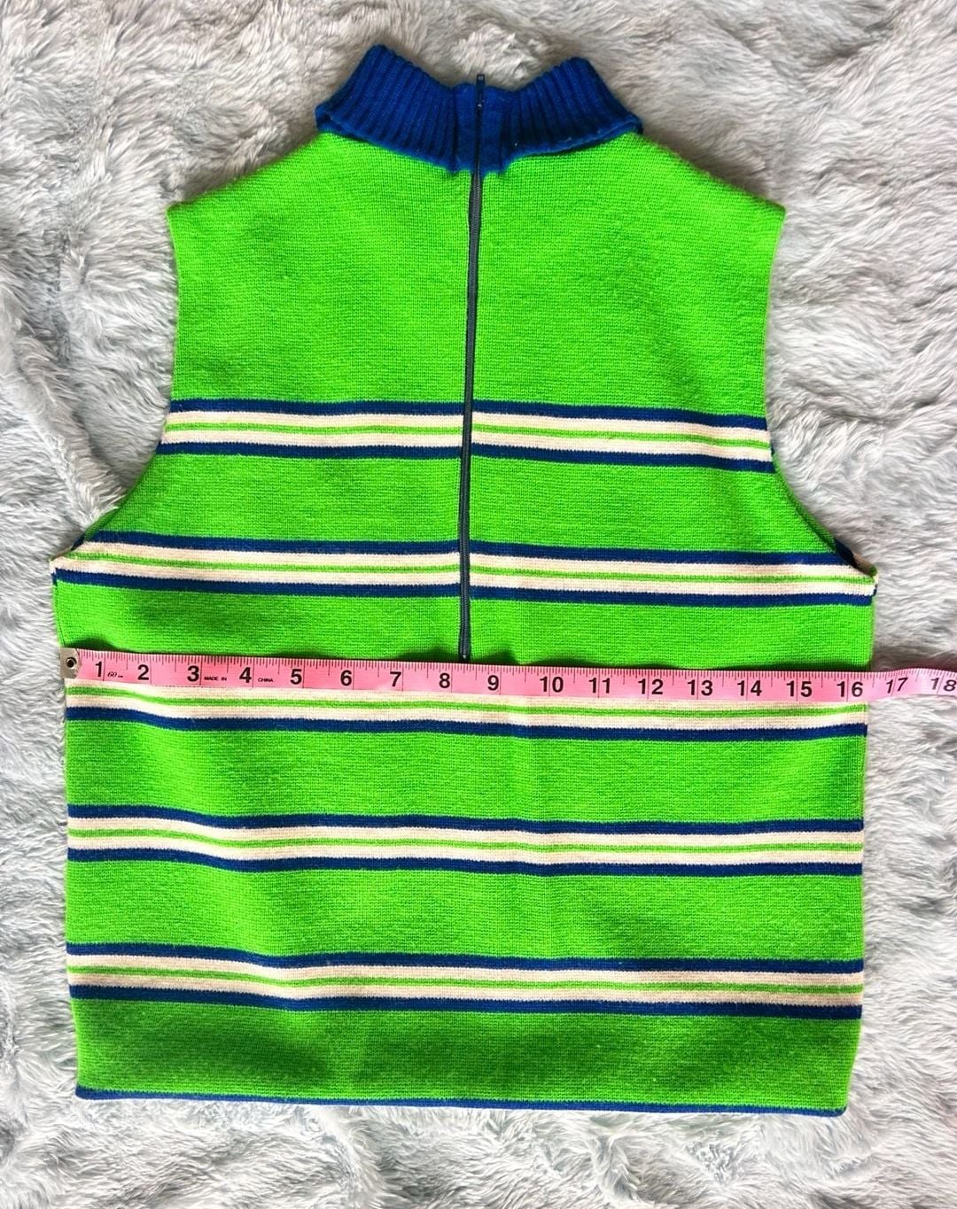 Vintage Striped Knit Sleeveless Mock Neck Vest Green Blue White 5