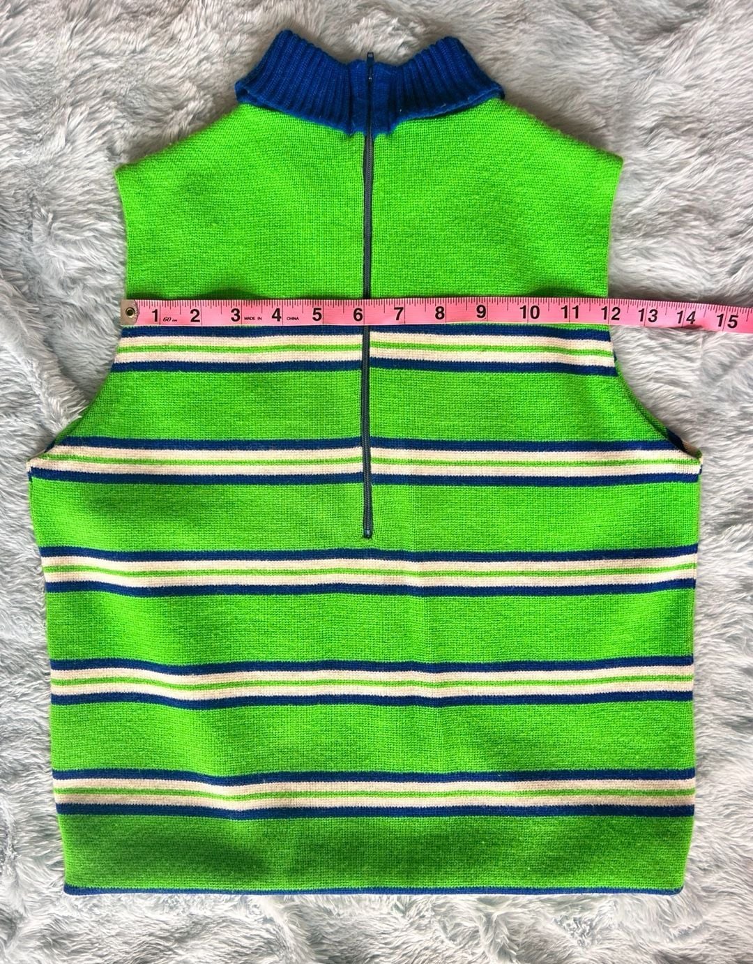 Vintage Striped Knit Sleeveless Mock Neck Vest Green Blue White 4