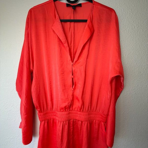 BCBGMaxAzria Orange Red Satin Long Sleeve Pocket Romper XS
