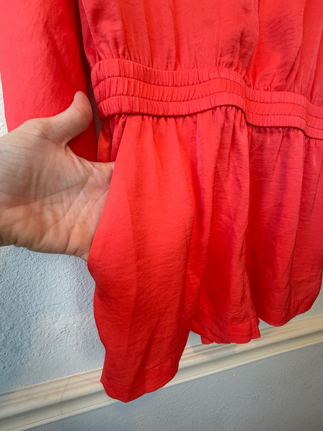 BCBGMaxAzria Orange Red Satin Long Sleeve Pocket Romper XS 4