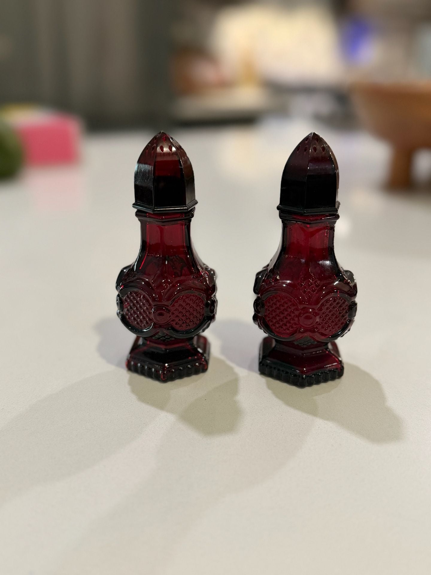 Vintage Avon 1876 Cape Cod Collection Ruby Red Glass Salt and Pepper Shakers 1