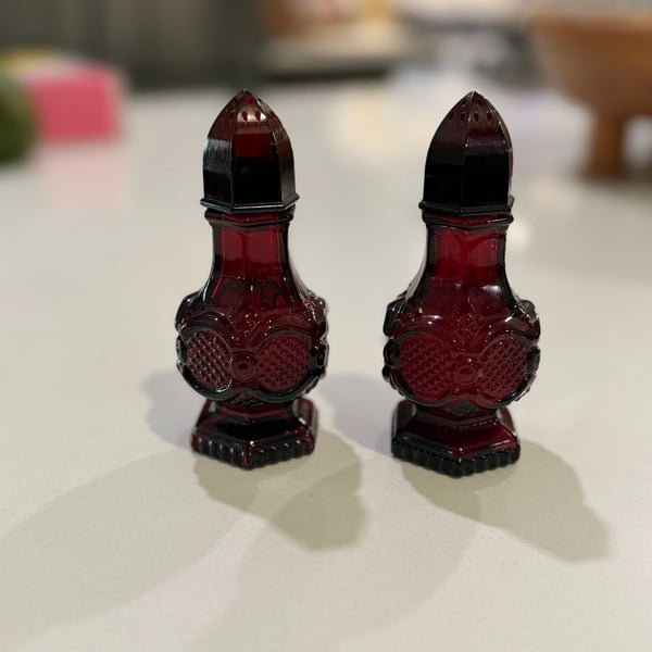 Vintage Avon 1876 Cape Cod Collection Ruby Red Glass Salt and Pepper Shakers