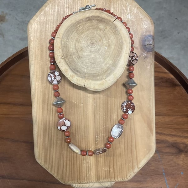 Artisan Handcrafted Red Jasper and Picasso Jasper Beaded Necklace with Toggle Clasp