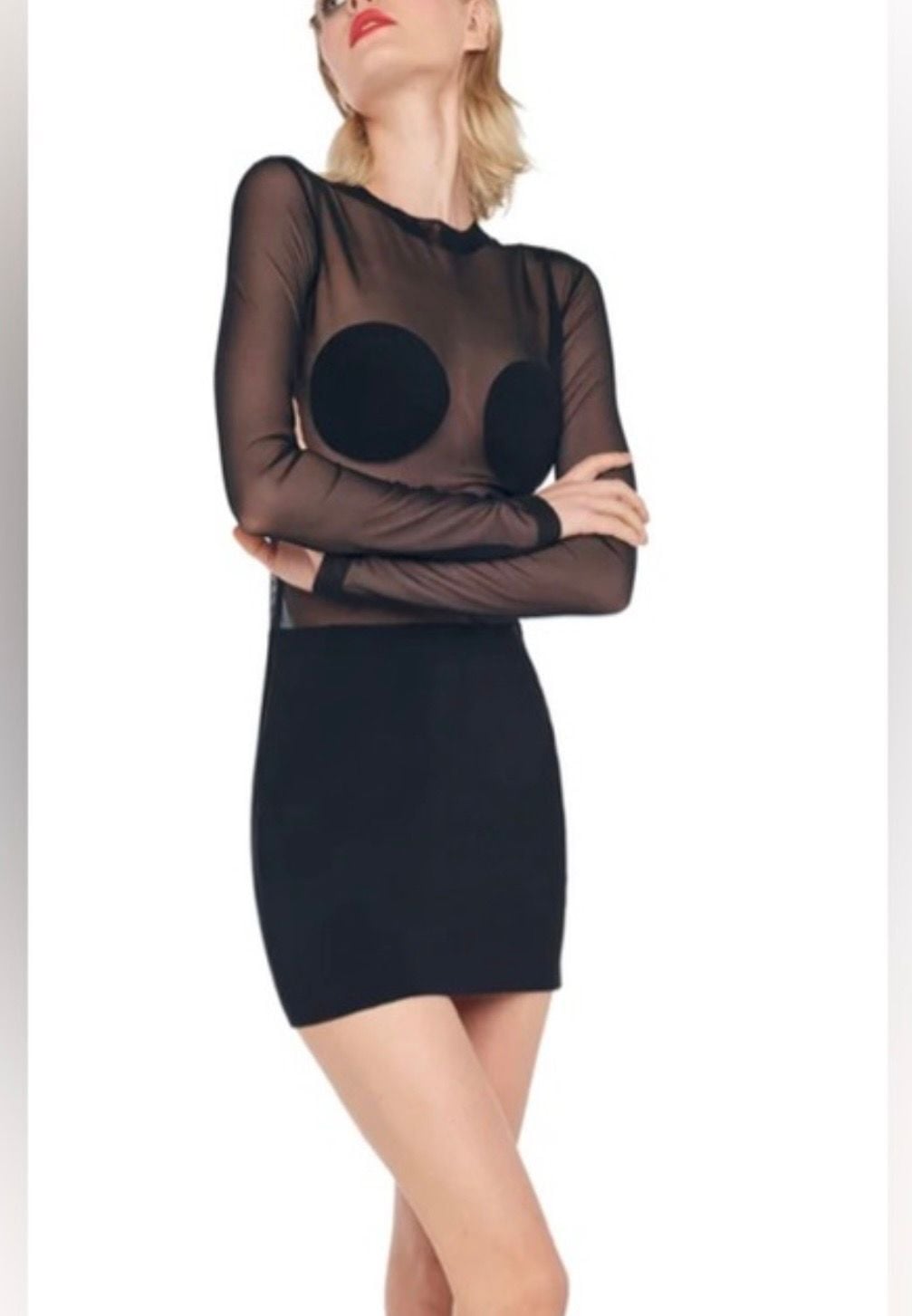 Norma Kamali Dot Dash Mini Dress Black Mesh Size L/40 NWT 2