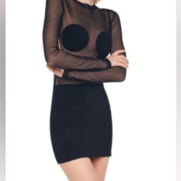 Norma Kamali Dot Dash Mini Dress Black Mesh Size L/40 NWT