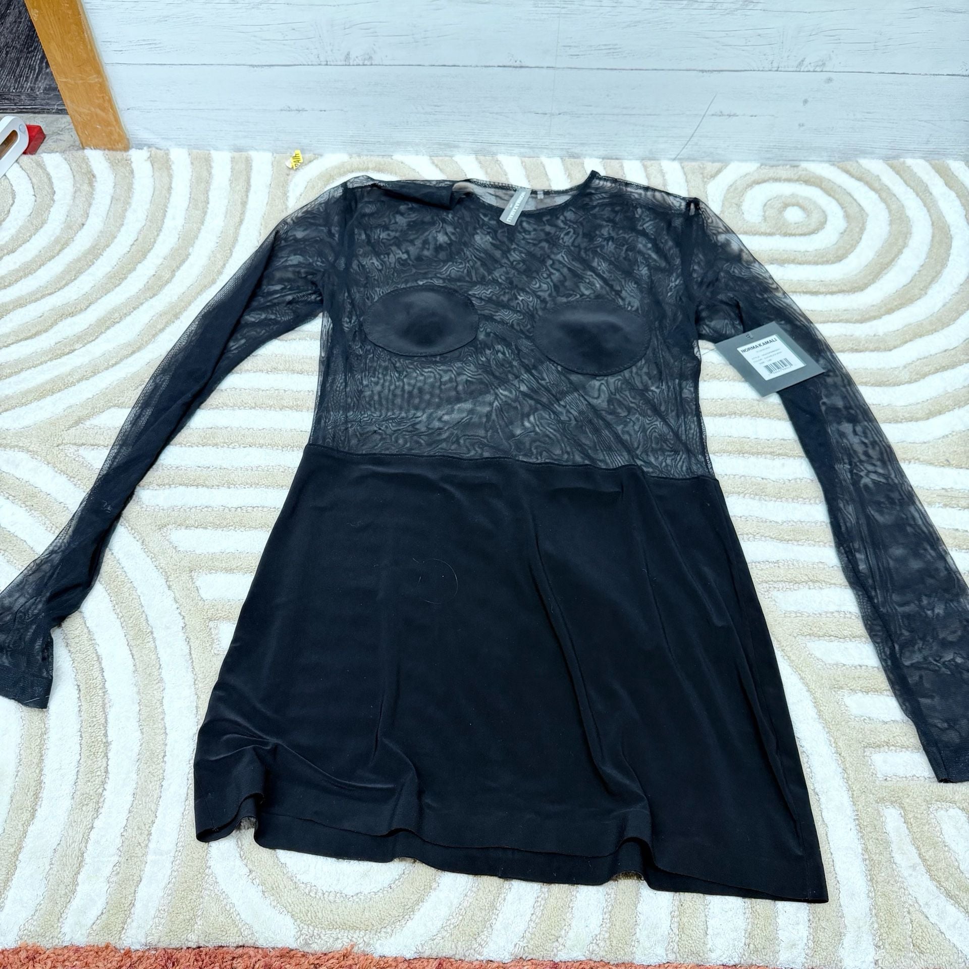 Norma Kamali Dot Dash Mini Dress Black Mesh Size L/40 NWT 4