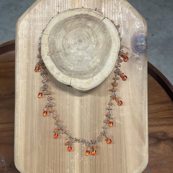 Vintage Orange Bead And Chip Festoon Necklace