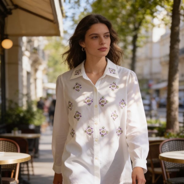 Vintage Grandmacore White Long Sleeve Button-Down Shirt with Floral Embroidery