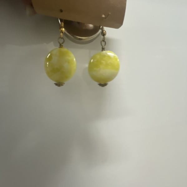 Handcrafted Yellow Marble Pattern Sphere Dangle Earrings with Gold Tone Hardware