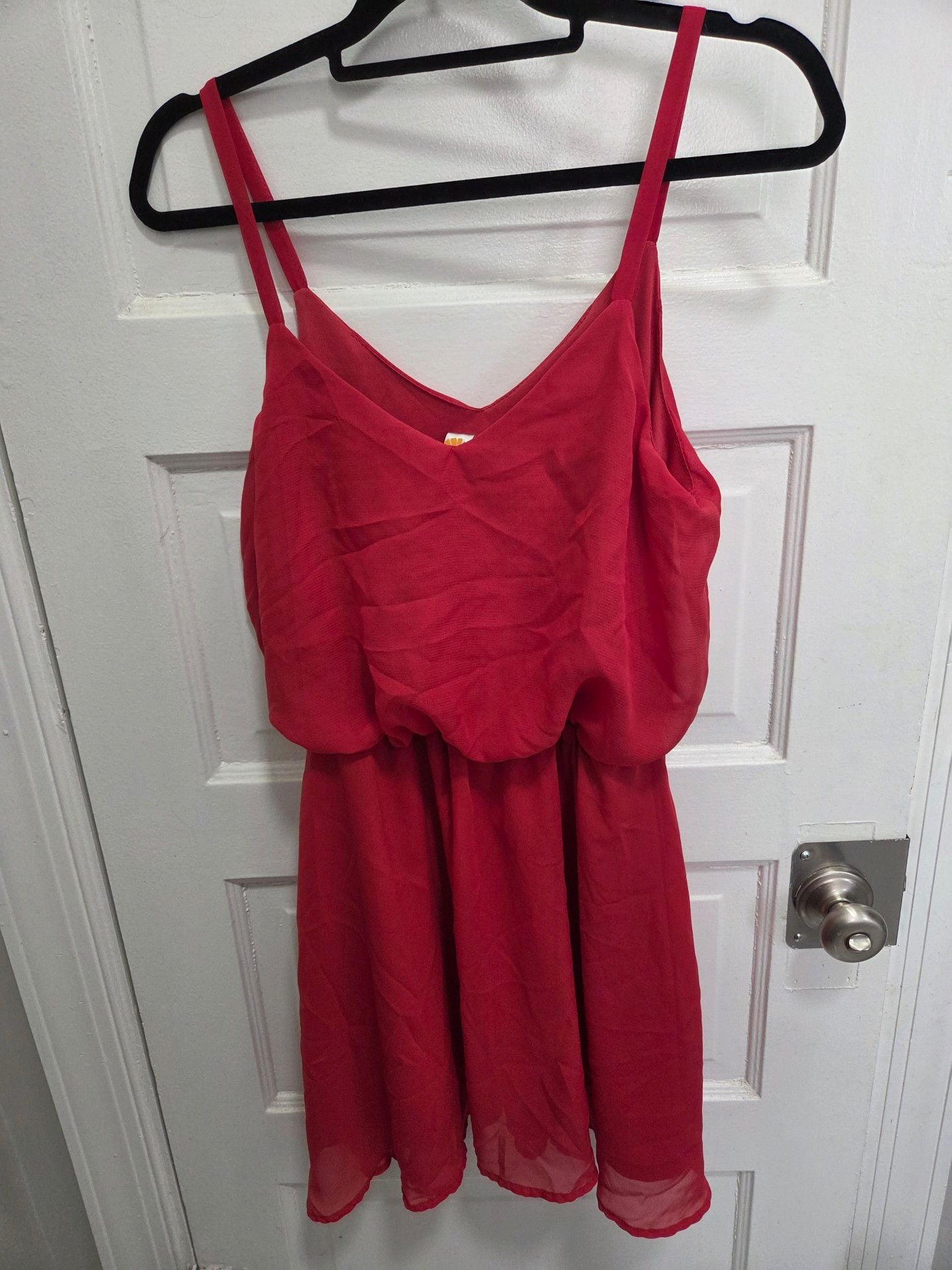 Mimi Chica Red Blouson Chiffon Spaghetti Strap V-Neck Mini Dress Size L 2